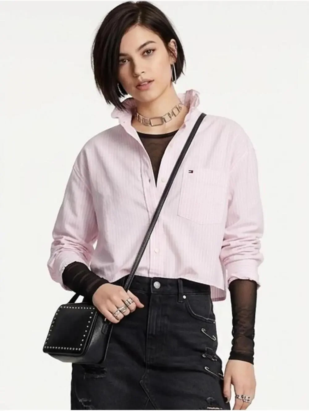 Tommy Hilfiger Pink Striped Ruffle Collar Button-Up Shirt - Picture 5 of 10